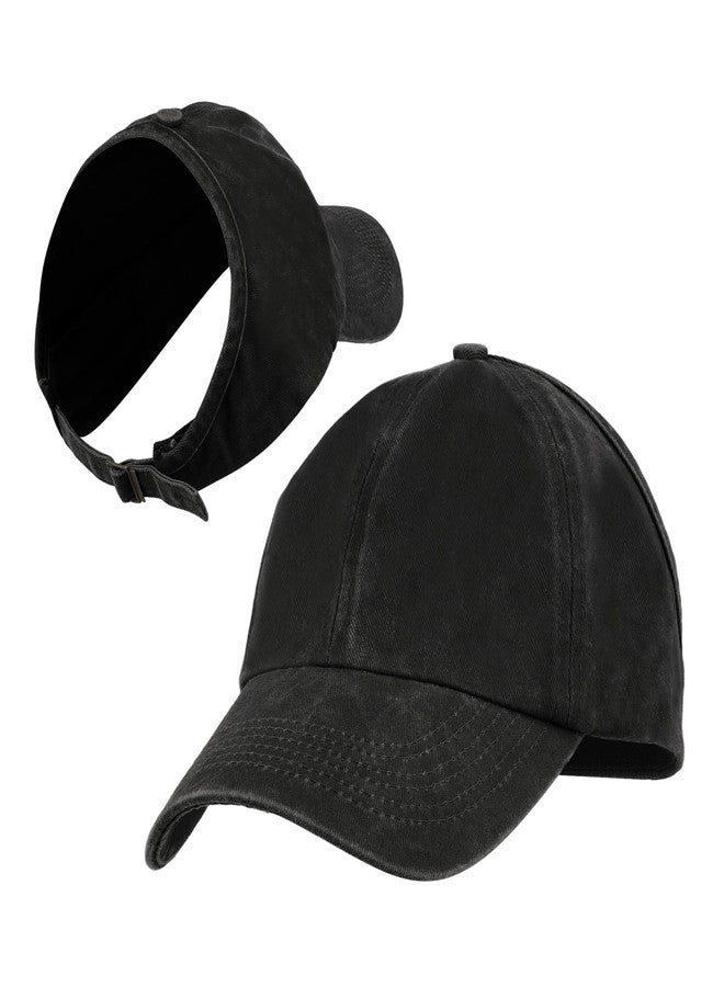 TopTie Backless Washed Cotton Ponytail Cap Messy Bun Curly Hair Baseball Caps-Black - Image 1
